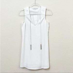 Trina Turk White V Neck Metal Tassel Shift Dress